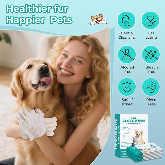 Pet Glove Wipes for Dogs and Cats - Dog Washing Gloves, Cat Bathing Wipes, Individually Wrapped, Moisture-Rich Thickened, Cleaning & Deodorizing, Hypoallergenic, Rinse Free for Grooming and Travel