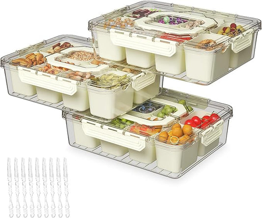 REBECAT Divided Serving Tray with Lid and Handles 8 Compartments Snack Box Container Charcuterie Organizer Snackle Box Container for Candy,Nuts，Fruits,Snacks,3 Pack,Beige