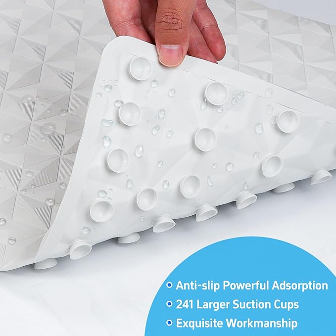 Non Slip Bathtub Mat for Bath Tub Shower - Natural Rubber Mat with 241 Suction Cups - Soft Bathroom Safety Mat - Unique Diamond Pattern - Fatigue Relief - Machine Washable - 16 × 28 Inch