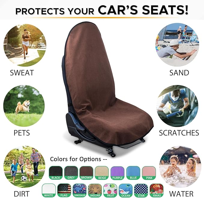 Waterproof Sweating Car Seat Cover for Post Gym Workout, Running, Swimming, Beach and Hiking, Universal Fit Non-Slip Bucket Seat Protector for Cars SUV Trucks, Machine Washable (Brown)