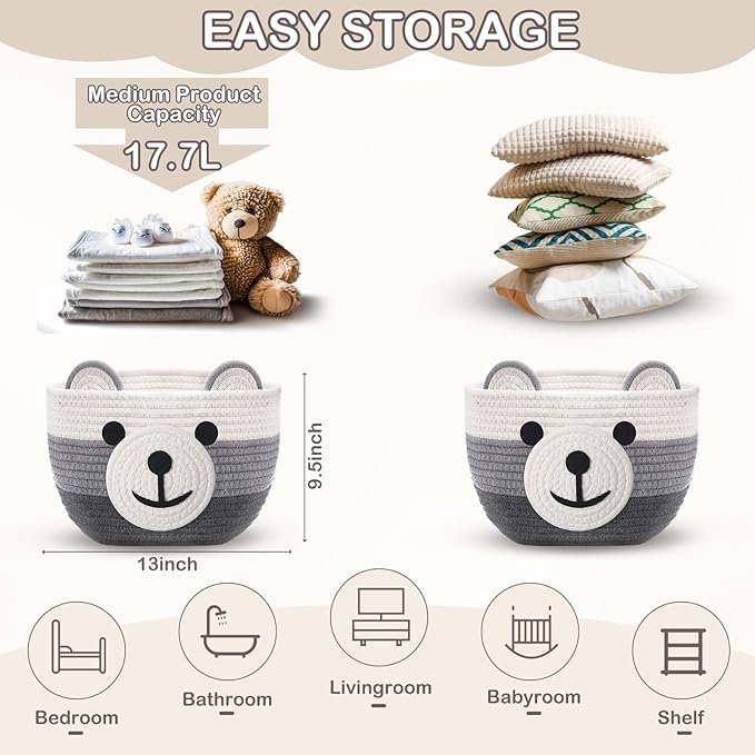 Zopeal Bear Basket 13" D x 9.5" H for Nursery Cotton Rope Woven Cute Storage Basket with Handles Animal Hamper for Baby Shower Laundry Bathroom Home Decorative
