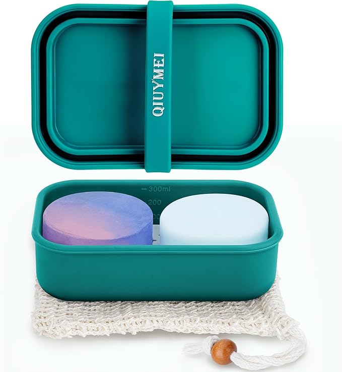 Silicone Travel Soap Container，Enhanced Leak-Proof Travel Soap Case with Draining Layer，Portable Bar Soap Holder, Soap Box with Soap Bag, Soap Dishes for Bathroom/Camping/Gym (Green)