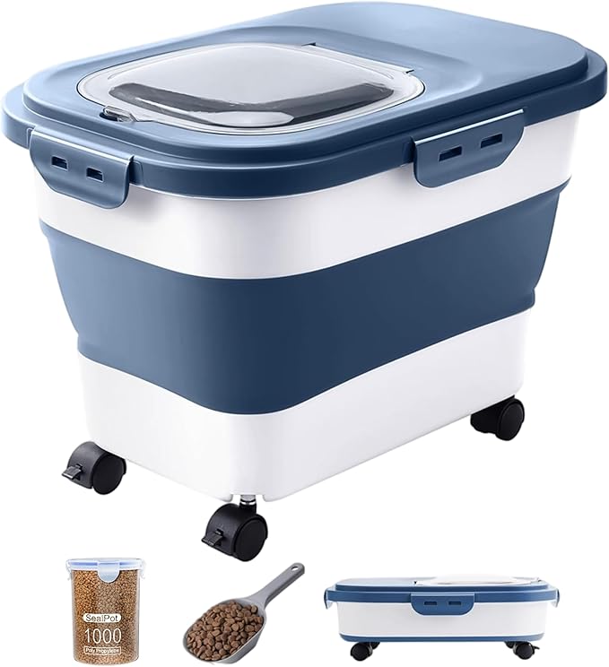 DDMOMMY 20-23 Lbs Dog Food Storage Container - Collapsible Dog Food Container with Wheels Airtight Lids, Scoop and Small Container, Pet Food Storage Dry Food For Dog, Cats and Other Pet (Blue)