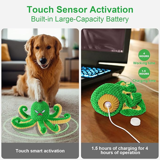Qraxond Interactive Dog Toys Octopus,Durable Automatic Jumping Dog Toy to Keep Them Busy,Squeaky Moving Tug of War Doggie Toy,USB Rechargeable,Not for Aggressive Chewers (Green)