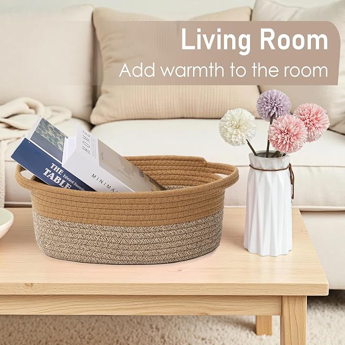 JMvicyroam Woven Basket,Small Rope Storage Bin with Handles & Ribbon Bag, Organizer for Shelves Closets,Gift Basket Empty for Birthday,Books,Dog Toys, Jute&Brown