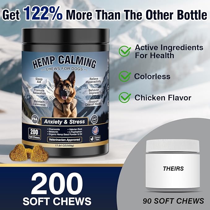 Calming Chews for Dogs 200ct-Chicken Hemp Dog Calming Chews - Anxiety and Stress Relief Treats Melatonin Bites Sleep Aid for Small/Medium/Large Dogs Calm Dog - Separation, Fireworks, Barking, Thunder