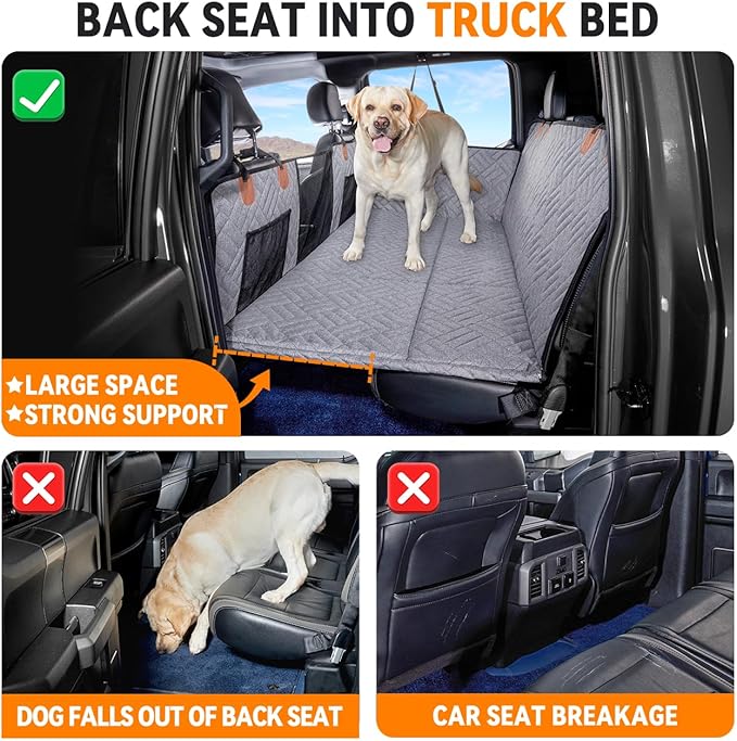 YJGF Dog Back Seat Extender for Truck,Truck Seat Cover Back Seat,Dog Hammock for Truck,Pet Seat Covers for Dogs,Hard Bottom Seat Extender for Dogs,Dog Seat Cover for F150/RAM1500/Silverado (Gray)