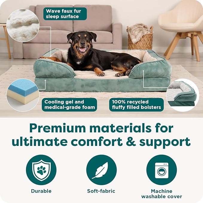 Furhaven Cooling Gel Dog Bed for Large Dogs w/ Removable Bolsters & Washable Cover, For Dogs Up to 95 lbs - Plush & Velvet Waves Perfect Comfort Sofa - Celadon Green, Jumbo/XL, 40.0" x 32.0"x 9.5"