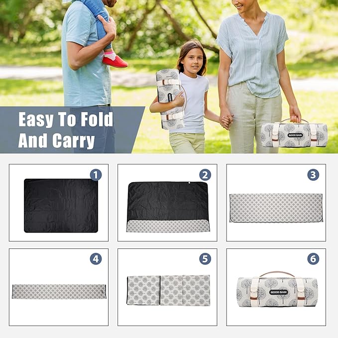 Picnic Outdoor Blankets Waterproof Extra Large - Beach Mat Sand Free Foldable with Carry Strap | Portable Camping Blanket | Park Blanket for Grass Park, Hiking, Travel, Concerts, Indoor (Black Flower)