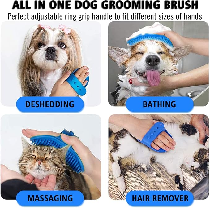 Dog Grooming Brush, Pet Shampoo Bath Brush Shedding Soothing Massage Rubber Comb with Adjustable Ring Handle for Long Short Haired Dogs and Cats 2pcs
