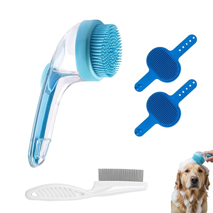 Pet Bath Brush,Dog Grooming Brush,Comes with Pet Grooming Comb and 2 Pcs Cat Scrubbers for Bath,2 in 1 Dog Bath Brush,Scrubber with Built-in Shampoo Dispenser