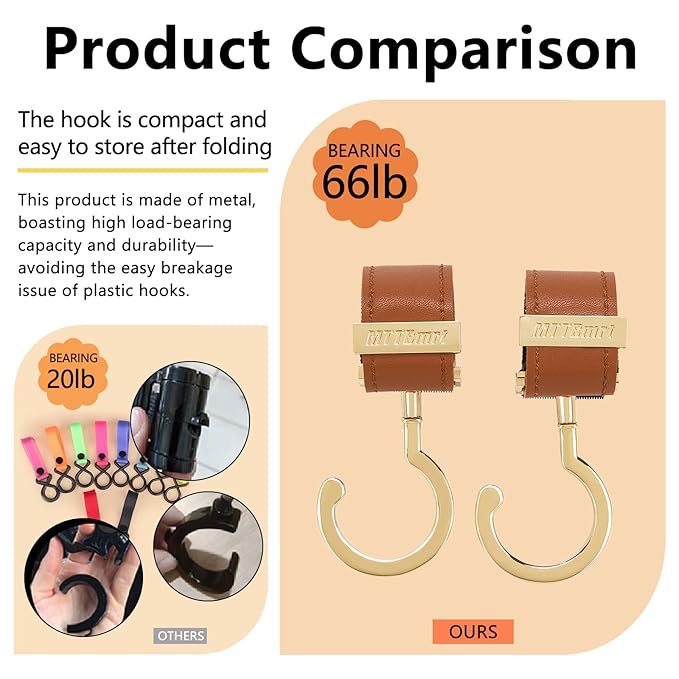 2 Pack Stroller Hooks,Strong Synthetic Leather Hook-and-Loop Fastener&High-Quality Metal Hooks,Universal Bag Clip|360° Rotation, 66lb Capacity,Non-Slip-Fits Wheelchair(Pink-Rose Gold)