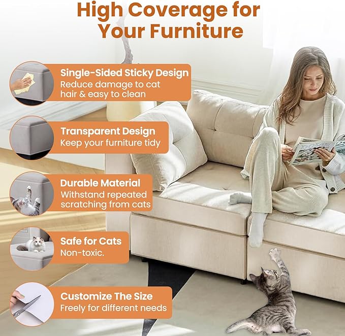 yeatem 196''x13'' Thicken Anti Cat Scratch Furniture Protector, Single-Sided Sticky Couch Corner Protectors for Cats, Extended Size Protects More Furniture, Repellent Tape