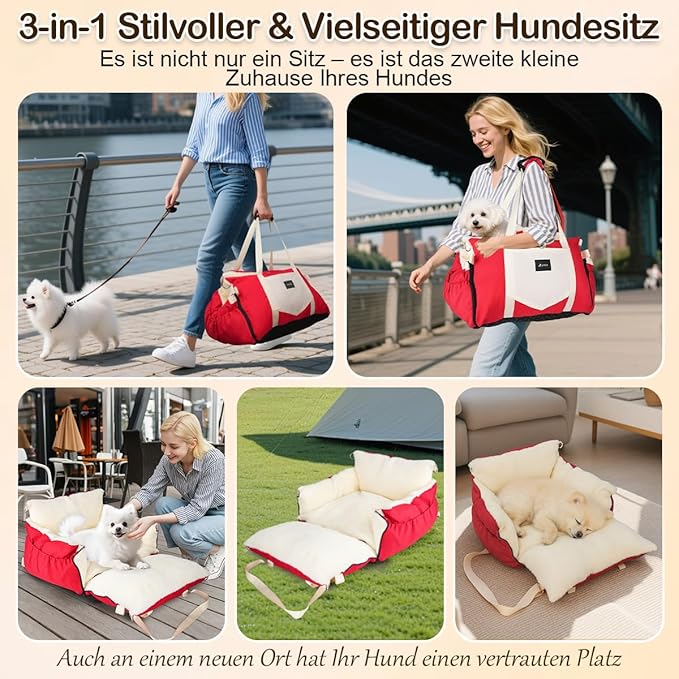 Dog Car Seat for Small Dogs with Extension Zone, Portable Washable Travel Bed for Pets up to 30 lbs, Booster Seat for Front Seat & Camping, Includes Harness Clip – Red