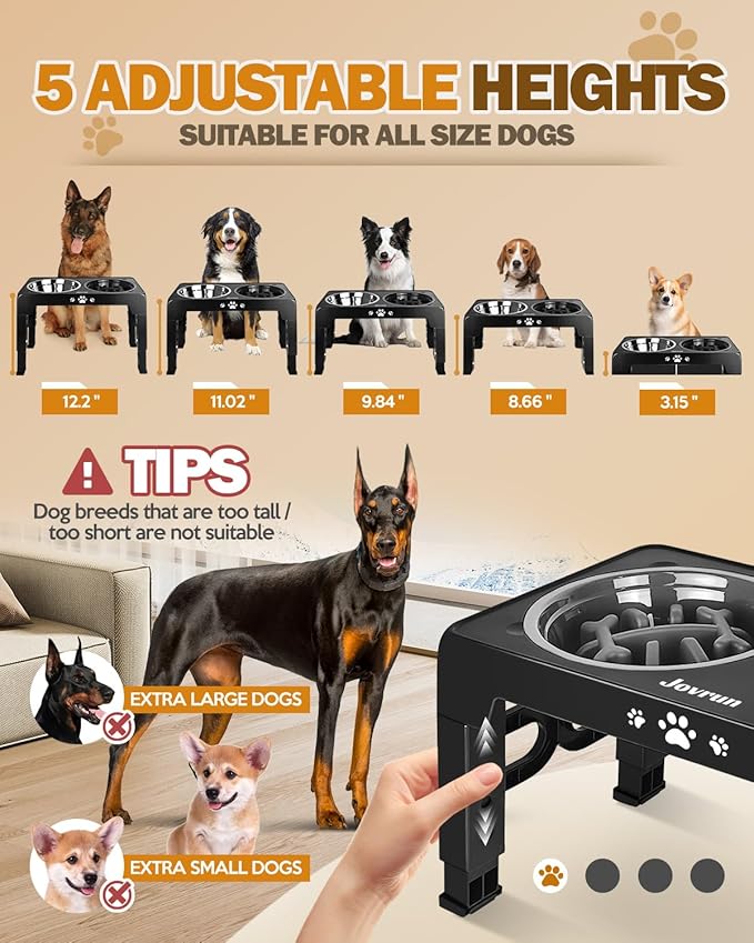 Jovrun Elevated Dog Bowls, Dog Feeder with Stainless Steel Dishes & Slow Feeder Bowl, 5 Heights Adjustable Raised Stand for Medium Large, Food Dishes with Non-Slip Feet