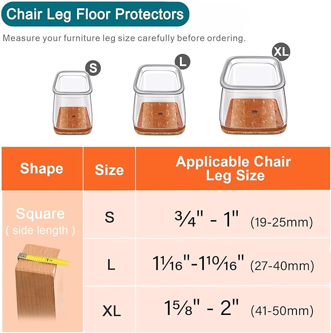 Ansible 24 pcs Square Small Chair Leg Floor Protectors, Furniture Felt Pads Silicone Covers caps for Chairs,Chair Leg Protectors for Hardwood Floors (Small fit:3/4'' to 1'')