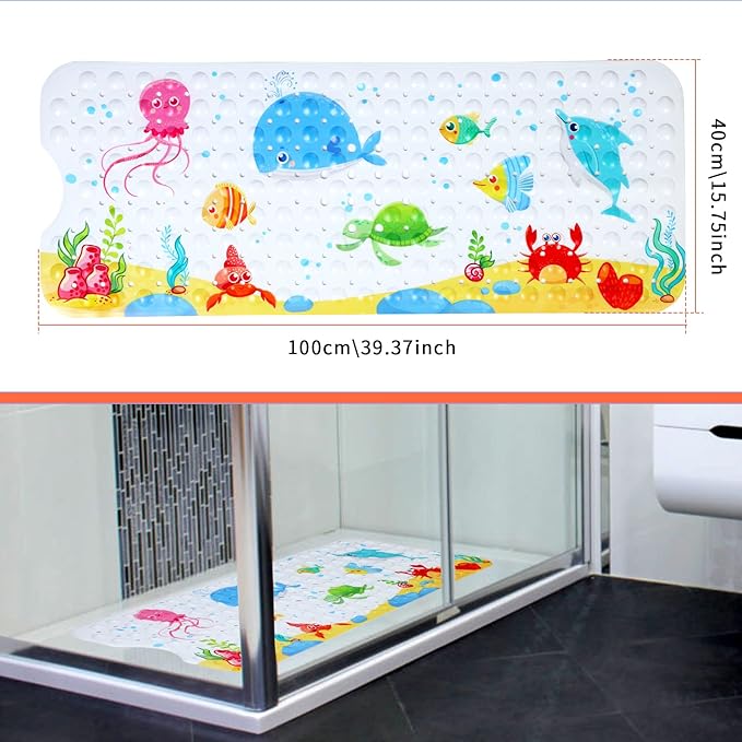 Bath Mat for Tub Non Slip, Machine Washable Anti-Slip Cartoon Baby Bathtub Shower Mat with Drain Holes and Suction Cups for Toddler & Kids, 40 Inch x 16 Inch-Rectangular, Little Whale
