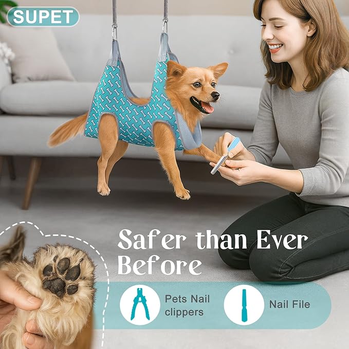 Supet Dog Grooming Hammock Harness for Dogs Cats, Relaxation Pet Nail Clipper Hammock, Restraint Dog & Large Animal Leashes Sling for Groomingk for Nail Trimming (Coral Blue, XL)