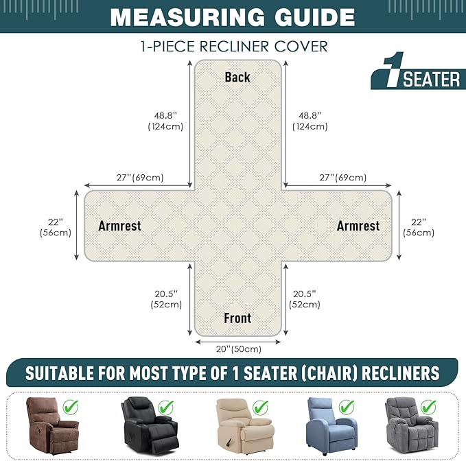 TAOCOCO 100% Waterproof Recliner Chair Cover Stay in Place, Recliner Covers for Small Recliner Chair with Pocket, Reclining Chair Cover Furniture Protector for Kids, Pets(20'', Peacock Blue)