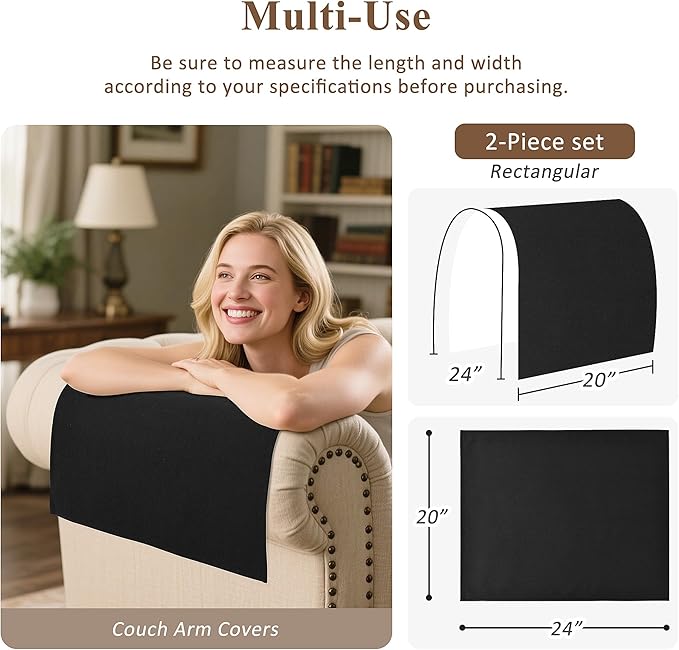 SPWIY Couch Arm Covers Linen Chair Arm Covers Washable Recliner Armrest Cover for Pets Stain Resistant & Anti-Scratch Furniture Protector for Sofa, 2 Pcs, 20" W x 24" L，Black