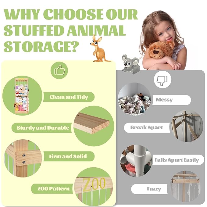 Trycooling Stuffed Animal Zoo Stuffed Animal Storage Wood Plushie Storage Stuffed Animals Zoo Storage Cage with Zoo Pattern Elastic Band for Nursery Play Room Bedroom (Wood) | Stuffed Animal Zoo, Plushie Storage, Zoo Pattern, Elastic Band