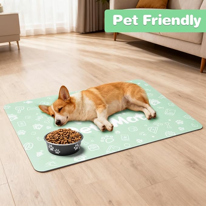 Pet Feeding Mat,Dog Cat Mat for Food and Water,Dog Bowl Waterproof Placemat with Rubber Backing,Absorbent Quick Dry Water Dispenser Mat for Pet（Green 16"×24"）