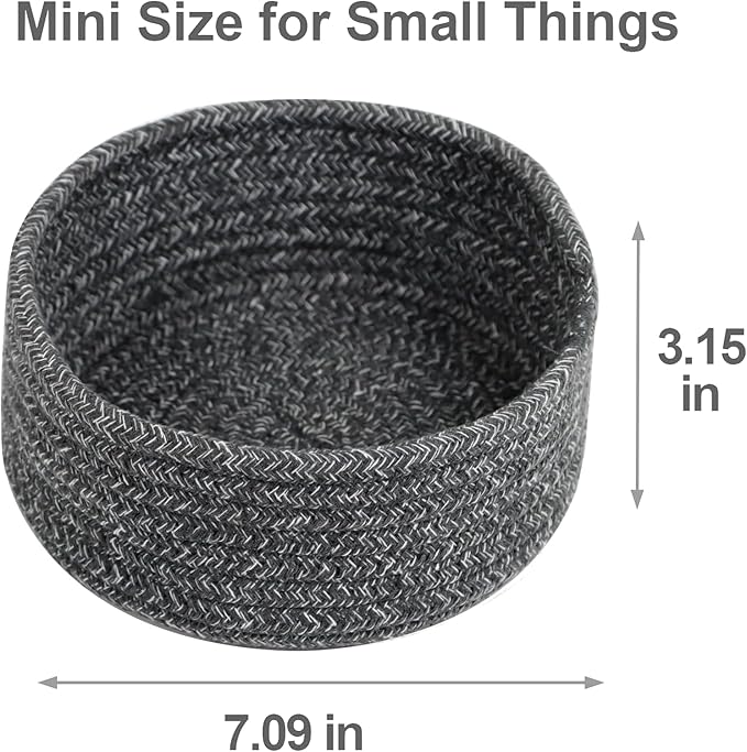 Small Basket, Set of 3 Small Woven Basket, Rope Baskets for Gifts, Cute Mini Tiny Baskets for Organizing Decor Nursery, Decorative Boho Round Storage Basket Bathroom Organization Bin (Grey)