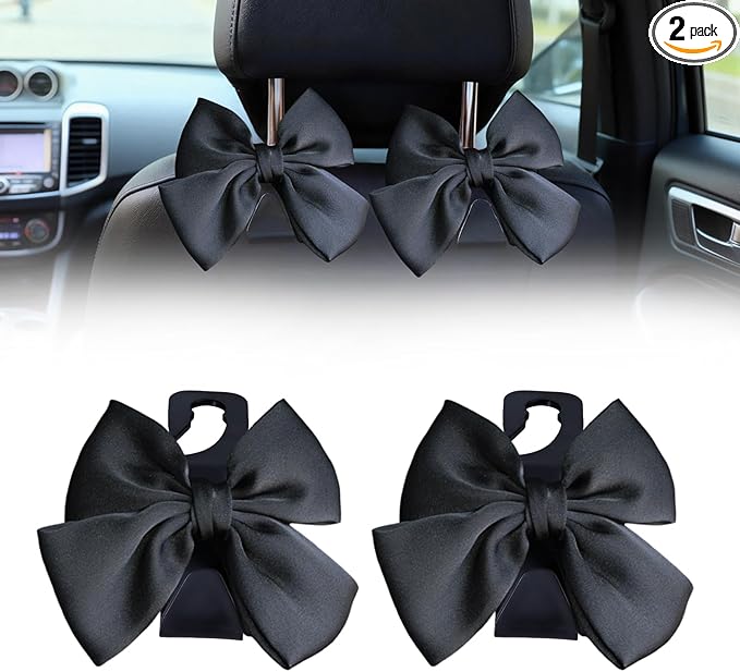 2 PCS Car Seat Headrest Hooks, Cute Bow Purse Hook Hanger for Car Headrest, Universal Purse Holder for Umbrella, Storage Bag, Coat (Black)