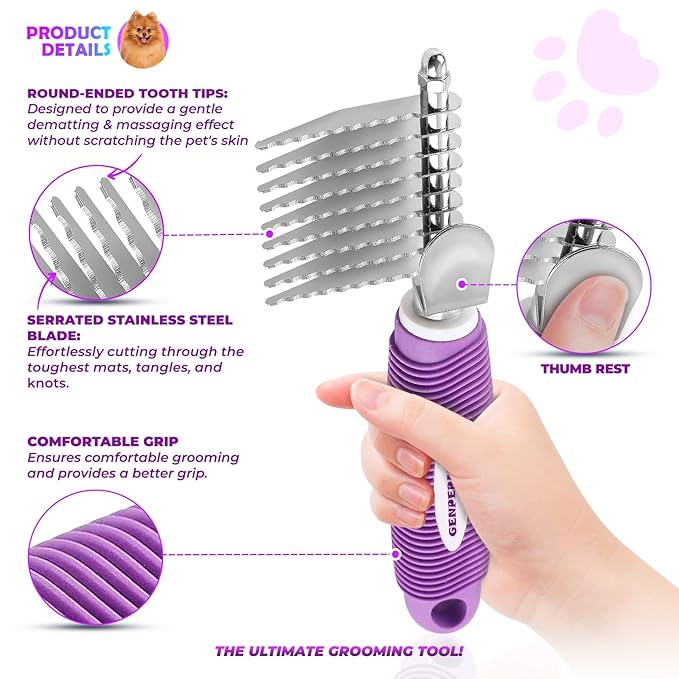 GENPEPADO Dematting Undercoat Rake Comb for Dogs & Cats with Long 2.5-In Stainless Steel Safety Blades for Removing Knots, Mats & Tangles - Pet Grooming Deshedding Brush Tool with Anti-Slip Grip