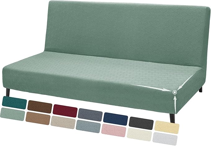 ZNSAYOTX Stretch Fit Futon Cover (67"-82") Armless Futon Sofa Bed Slipcover with Elastic Band, Universal Foldable Sofa Mattress Protector Full Queen Size, Washable Comfort Jacquard (Pea Green)