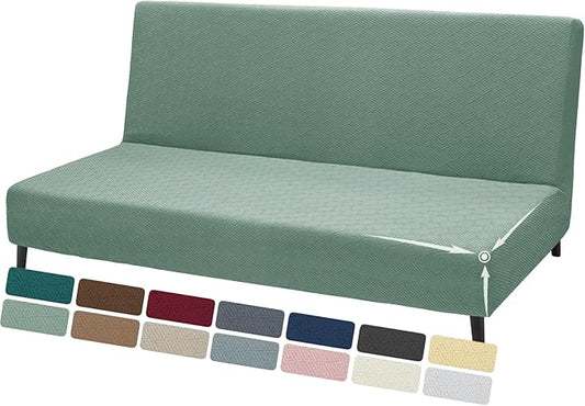 ZNSAYOTX Stretch Fit Futon Cover (67"-82") Armless Futon Sofa Bed Slipcover with Elastic Band, Universal Foldable Sofa Mattress Protector Full Queen Size, Washable Comfort Jacquard (Pea Green)