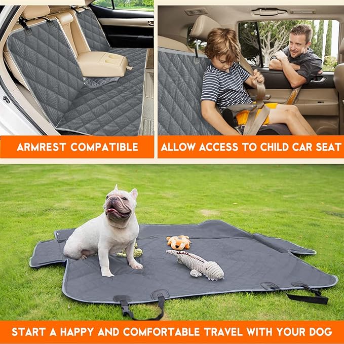 Yuntec Dog Car Cover for Back Seat Pet Protector Waterproof Bench Car Seat Cover, Nonslip Rear Seat Cover fits Middle Armrest for Most Cars Trucks SUVs - Grey
