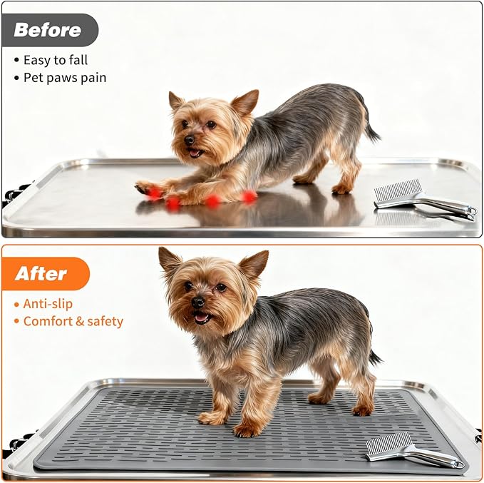 Dog Grooming Table Mat Pad Non Slip, Multipurpose Soft Pet Grooming Table Mats at Home, 28 x 19.7 Inch Silicone Durable Anti-Fatigue Groomer Mats Paw Protection Easy-Clean Cat Dog Bath Mat (Grey)