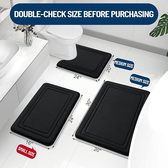 Grandaily Memory Foam Bath Mat Rug 24x16, Ultra Soft, Non-Slip and Absorbent Bathroom Rugs, Machine Wash Dry, Comfortable Bath Carpet for Bathroom Floor, Tub and Shower, Black