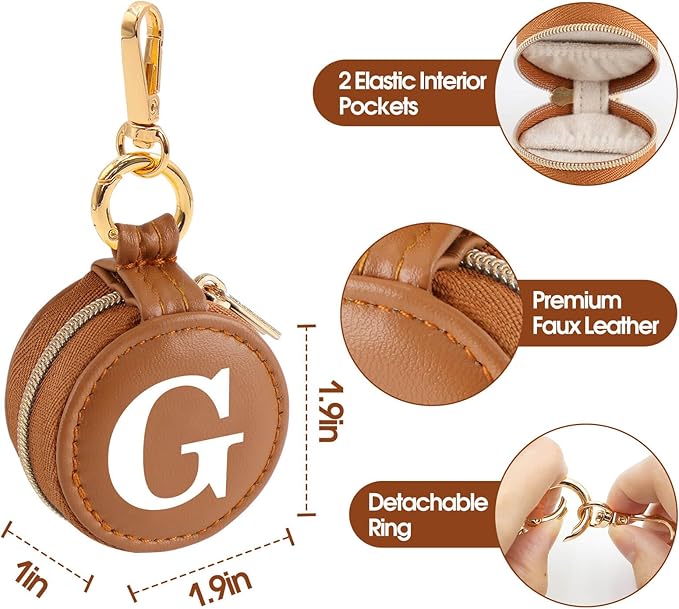 Mini Initial Travel Jewelry Case Ring Holder, Brown Faux Leather Small Jewelry Organizer Box Gifts for Women Girls Nurse Teacher, Gym Travel Accessories Keychain Pouch for Earrings Rings Necklace G