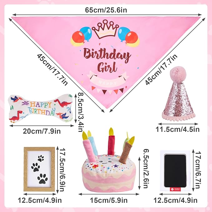 Dog Birthday Toy Set, Dog Squeaky Toys, Includes Squeaky Cake Toy, Plush Bones, Birthday Hats, Bandana, Paw Print Kit & Photo Frame. Pet Gift Supplies, Pink