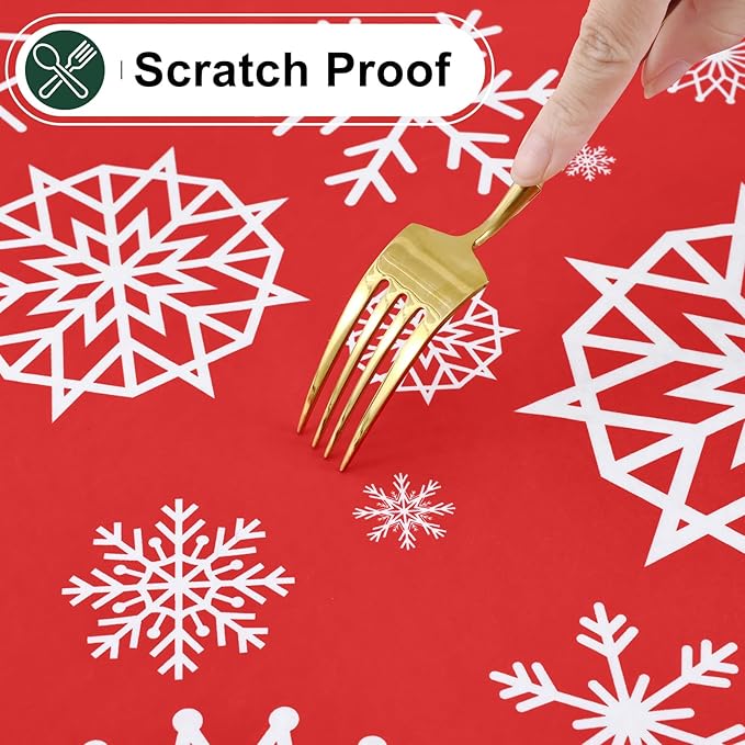 misaya Rectangle Waterproof Vinyl Table Cloth, Wipeable Tablecloth with Flannel Backing, Plastic Table Cover for Dinner, Christmas Party (Red Snowflake, 60" x 84")