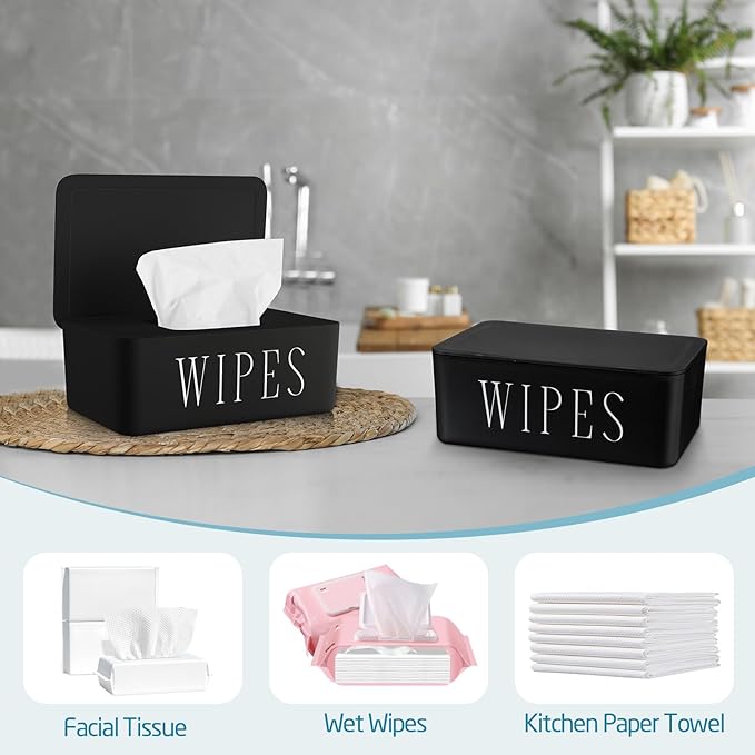 Singhoow 3 Pack Baby Wipes Dispenser Holder Wipe Container for Bathroom with Lid Toilet Tissue Paper Storage Refillable Box for Home Office Cars(Small,Black)