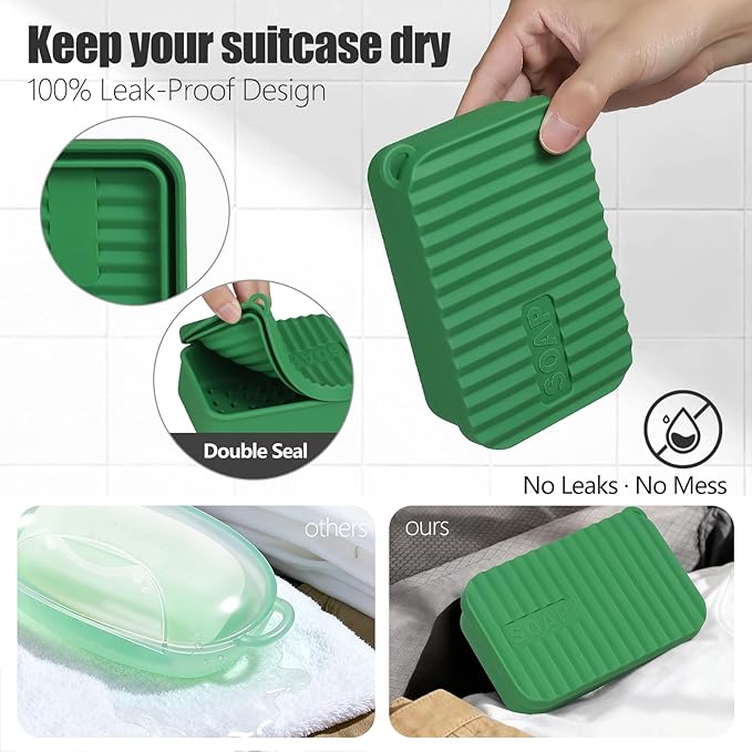OTHIX Extra Large Silicone Leak Proof Travel Soap Case - Compatible with 10 oz Duke Cannon or Shampoo & Conditioner Bar Set | for Extended Trips, Outdoor Adventures, or Truck Drivers (Green)