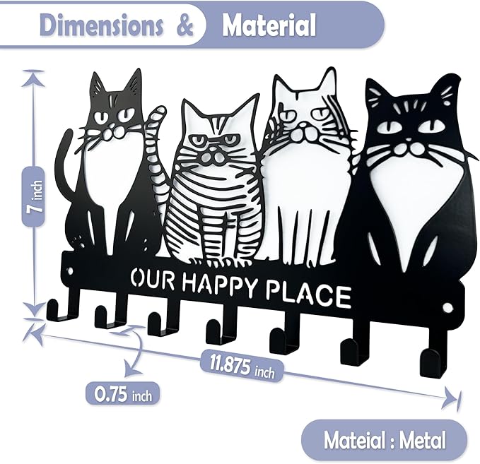 Key Holder for Wall, 11.88'' x 7'' Black Metal Cat Shape Decoration Key Hook Wall Mount Key Rack Hanger Storage Organizer with 7 Hooks for Home Doors Entryway Kitchen Garage Decor