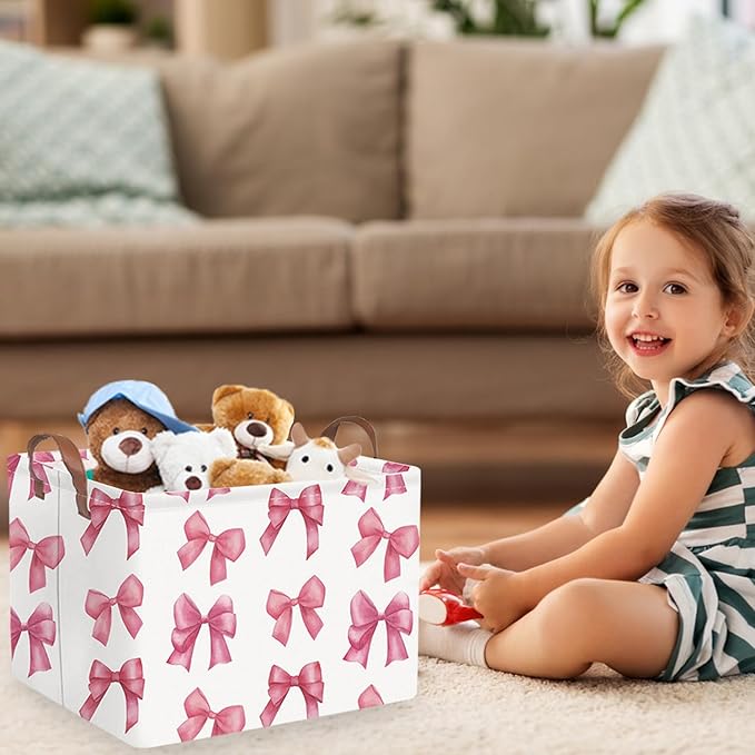 FXOCSHE Rectangular Pink Girls basket,Delicate pink bow girls nursery laundry basket,Pink Laundry Hamper,kids waterproof collapsible canvas basket,Toy bins,Girls Room decor(Bowknots)