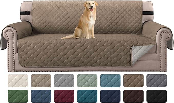 H.VERSAILTEX Reversible Quilted Sofa Cover Water Resistant Sofa Slipcover Washable Couch Cover with Non Slip Elastic Strap Furniture Protector for Kids, Dogs, Pets(Sofa, Taupe Brown/Beige)