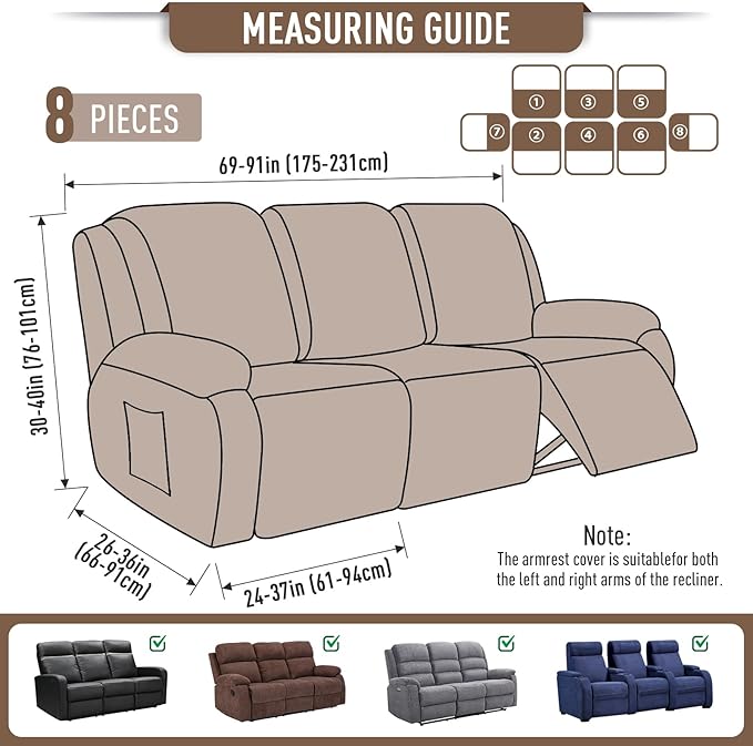 TAOCOCO Recliner Sofa Covers 8-Pieces Stretch Large Couch Covers for 3 Seats Reclining Slipcovers Soft Jacquard Pattern Furniture Protector (Khaki)