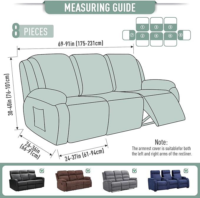 TAOCOCO Recliner Sofa Covers 8-Pieces Stretch Large Couch Covers for 3 Seats Reclining Slipcovers Soft Jacquard Pattern Furniture Protector (Sage Green)