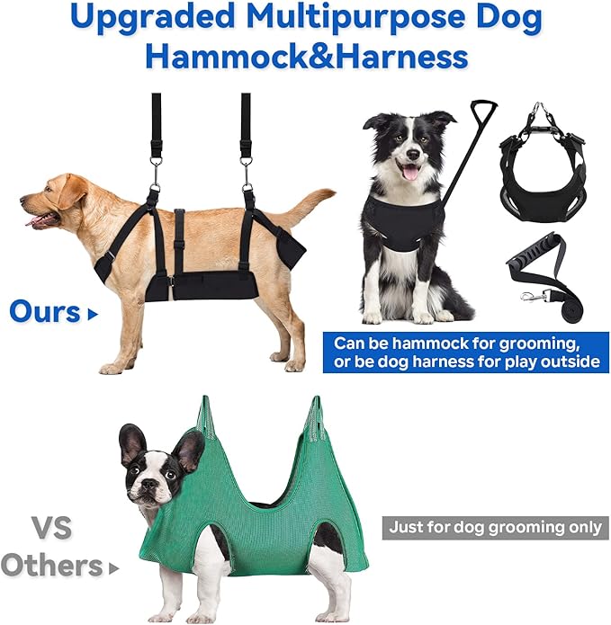 2 IN 1 Dog Grooming Hammock with Multifunction Leash, No-Pull Harness, Adjustable Loop/Leash and Stainless Hooks, for Large Size Cat/Dog