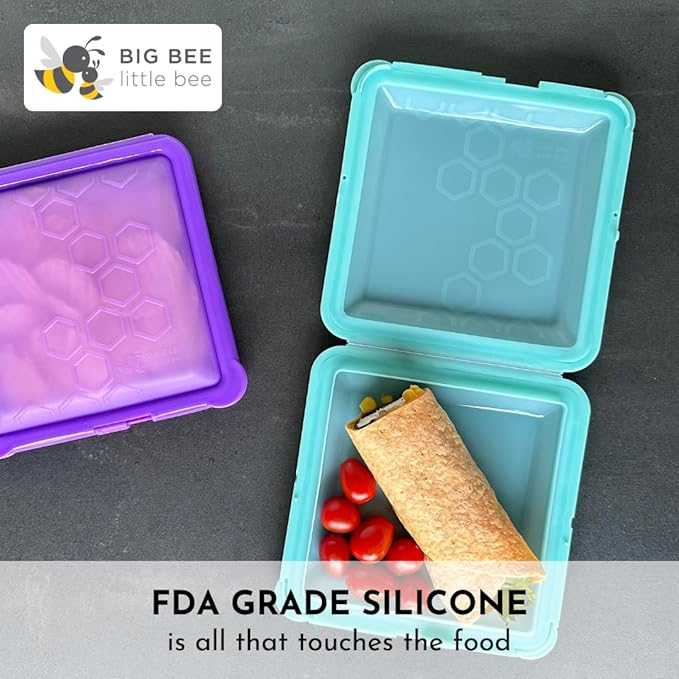 Big Bee, Little Bee - SoftShell Reusable Silicone Food Storage Container with Connected Clamshell Lid, Easy to Clean, Snaps Closed, Microwave, Freezer & Dishwasher Safe (Raspberry)
