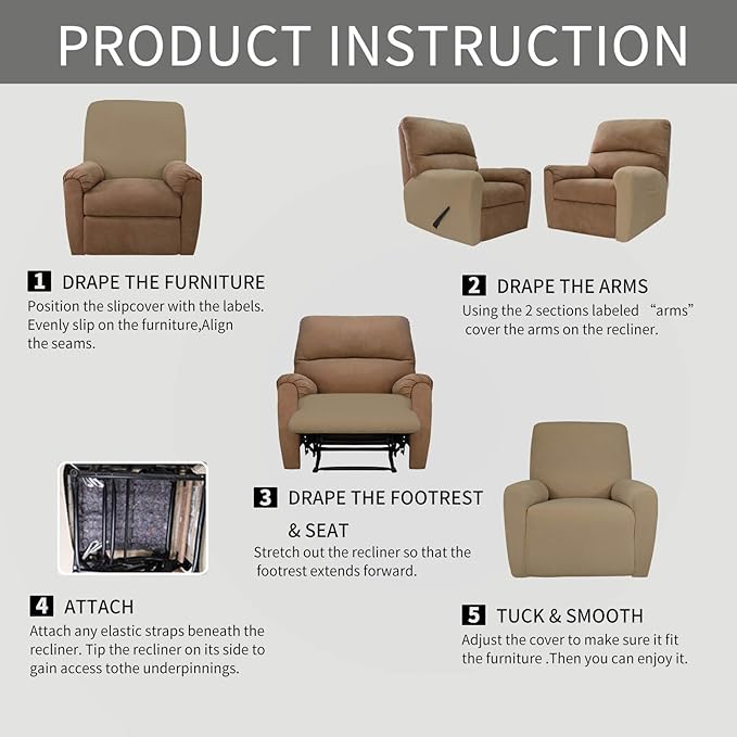 Easy-Going 4 Pieces Oversized Recliner Stretch Sofa Slipcover Sofa Cover Furniture Protector Couch Soft with Elastic Bottom Polyester Spandex Jacquard Fabric Small Checks Tan,X-Large