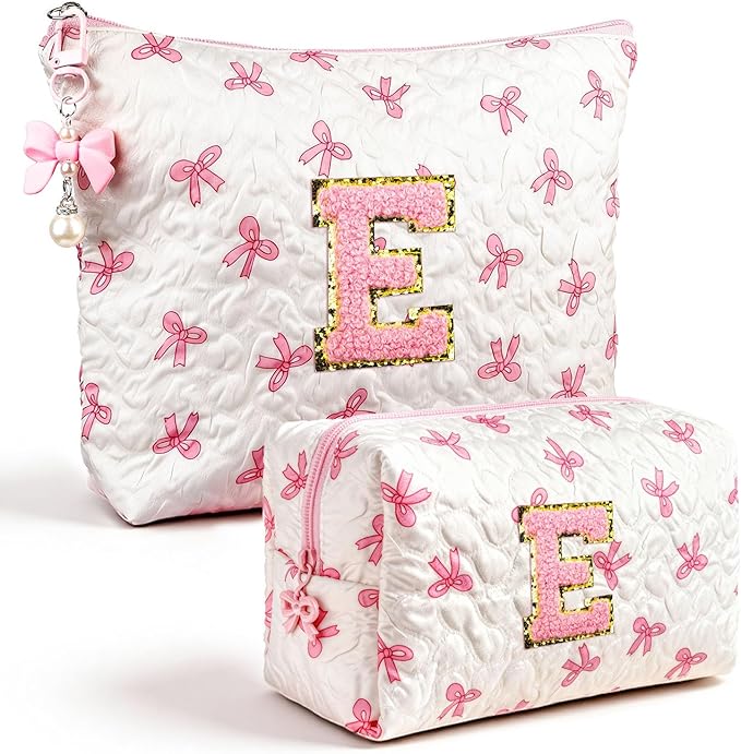 Initial Makeup Bag, Christmas Gifts for Women Teens Girls Birthday Gift Personalized Bow Cosmetic Bag, Quilted Cosmetic Travel Toiletry Pouch, Cute Makeup Organizer Teen Girl Gifts Trendy Stuff, E