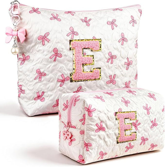 Initial Makeup Bag, Christmas Gifts for Women Teens Girls Birthday Gift Personalized Bow Cosmetic Bag, Quilted Cosmetic Travel Toiletry Pouch, Cute Makeup Organizer Teen Girl Gifts Trendy Stuff, E