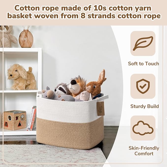 Goodpick Woven Storage Baskets for Organizing, Nursery Toy Baskets Storage Kids, Cotton Rope Basket with Handles, Rectangle Blanket Basket for Living Room, 18 x 14 x 12 Inches